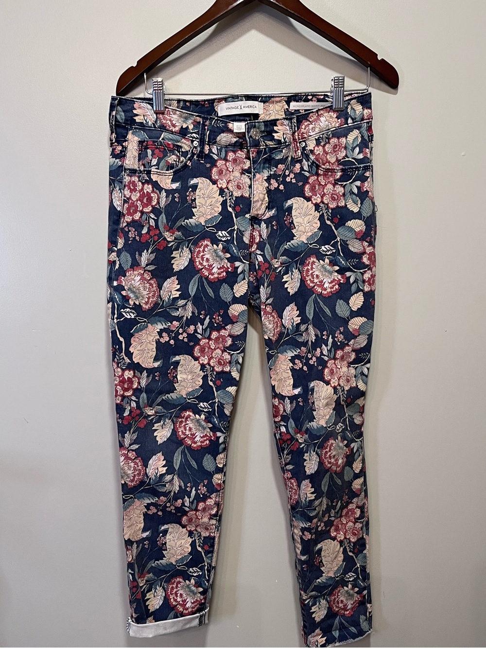 Vintage America Navy Ankle Jeans with Pink & Cream Floral Print - 98% Cotton